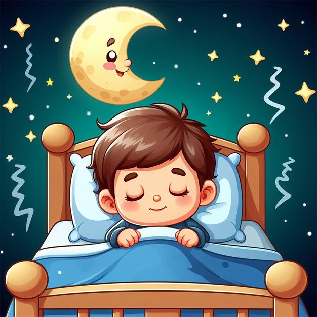 Photo free photo a cartoon of a little boy sleeping in a bed with the moon behind him