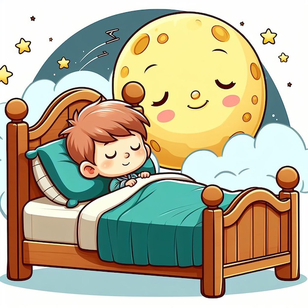 Photo free photo a cartoon of a little boy sleeping in a bed with the moon behind him