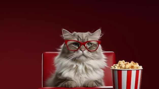 映画を見ながらポップコーンを食べている猫の無料の写真
