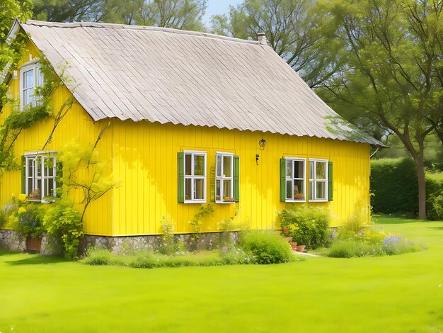 Free photo charming yellow house with wooden windows and green grassy garden