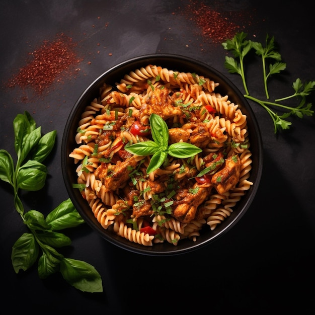 Free photo chicken and fusilli pasta tomato sauce