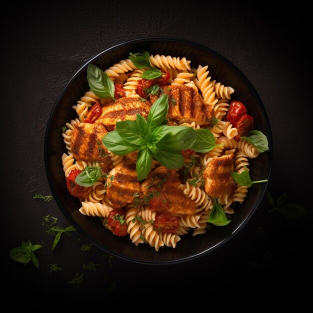 Free photo chicken and fusilli pasta tomato sauce