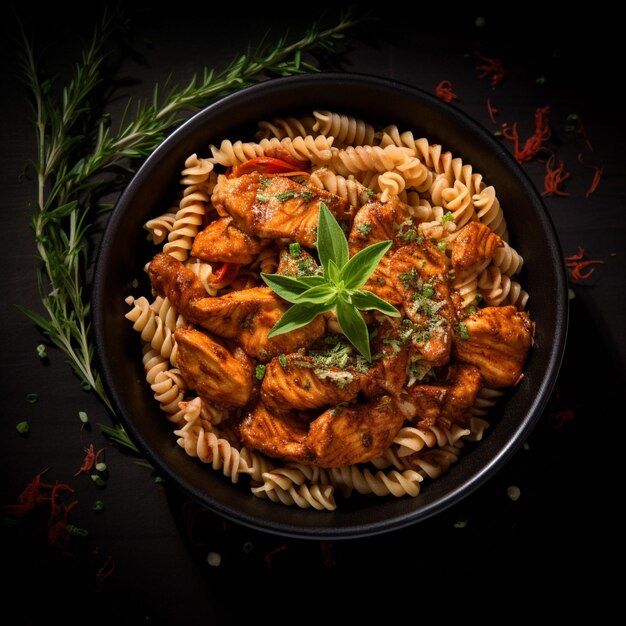 Free photo chicken and fusilli pasta tomato sauce