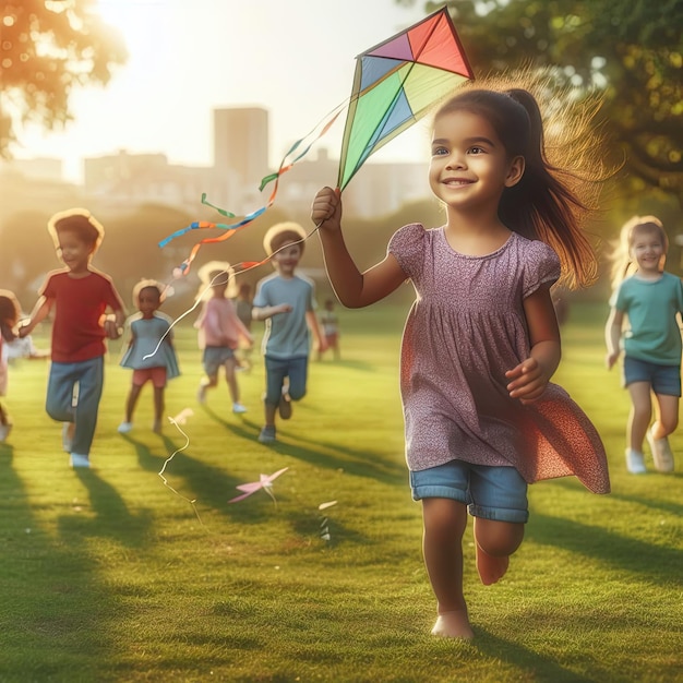 公園でを飛ばしている子供と背景で遊んでいる他の子供