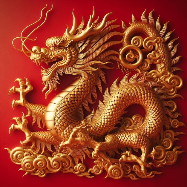 무료 중국 신년 사진 빨간 배경의 황금 드래곤