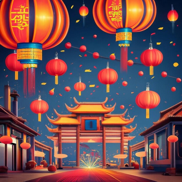 Free photo Chinese New Year with 3D explosion of lights and lamps