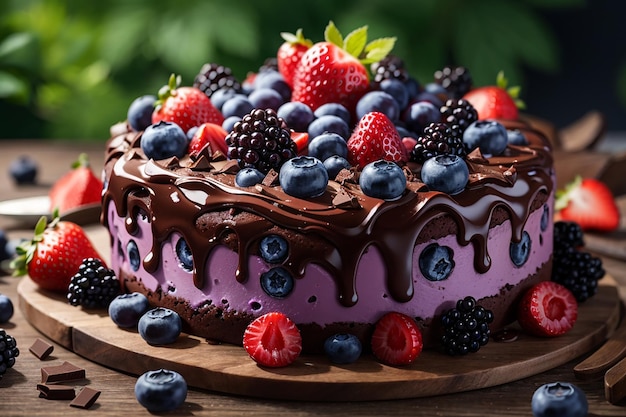 Free photo chocolate cake decorated with forest fruits blueberries strawberries and blackberries ai