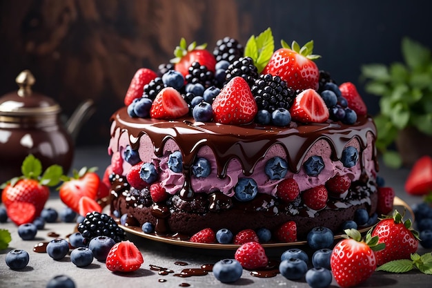 Free photo chocolate cake decorated with forest fruits blueberries strawberries and blackberries ai