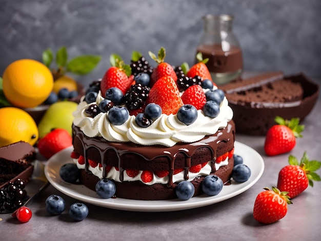 휘핑 크림과 과일을 곁들인 초콜릿 케이크 무료 사진