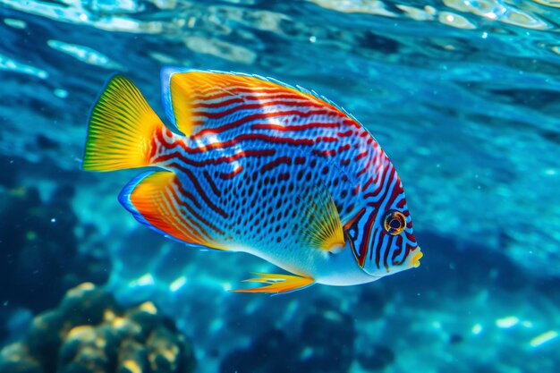 フリー写真 澄んだ青い海 カラフルな魚の泳ぎ写真