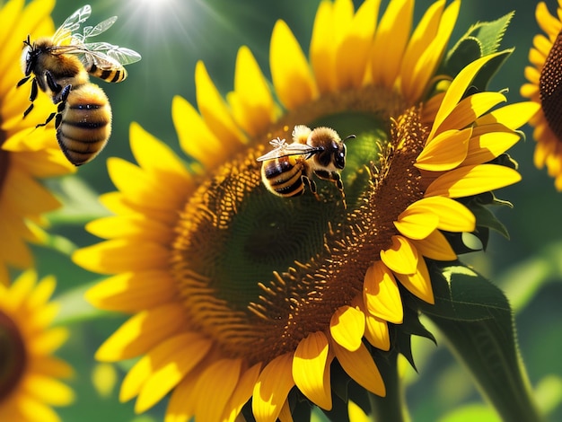 Фото желтого меда крупным планом. Милая пушистая пчела. Микрофото, генерация ai.