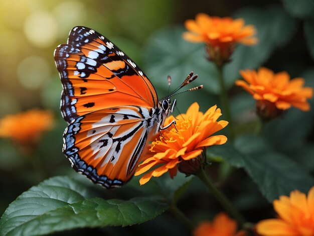 オレンジ色の花に興味深いテクスチャを持つ美しい蝶のクローズ アップ ショットの無料写真