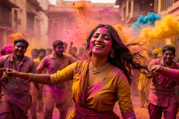 Photo free photo closeup of two young women showing their painted hands with holi color