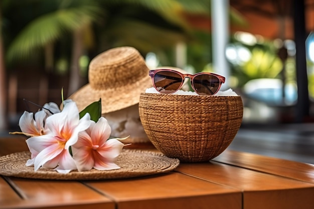 Free photo coconut cocktail decorated plumeria straw hat and sunglasses on the table photography