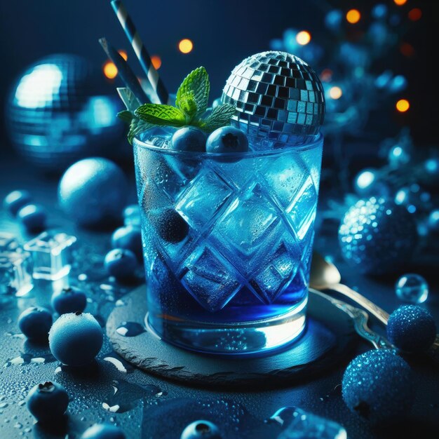 Foto cocktail blu freddo gratuito con palla da discoteca