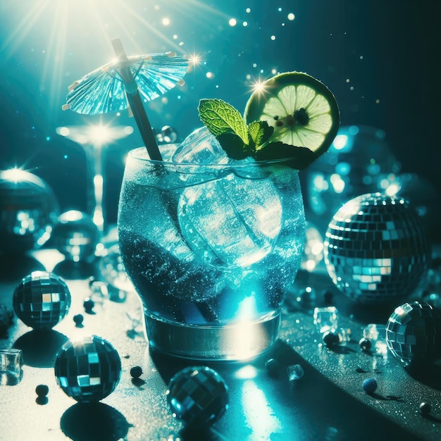 Free photo cold blue cocktail with disco ball