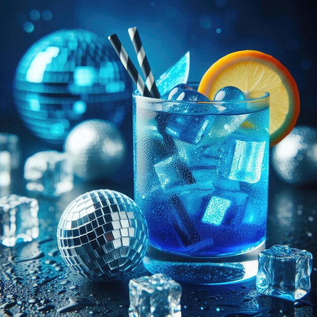 Free photo cold blue cocktail with disco ball