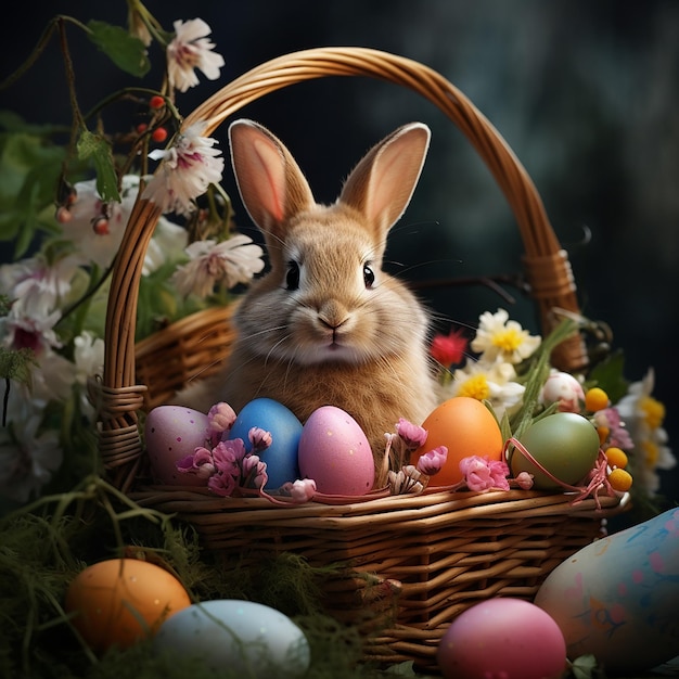 Free photo colorful happy bunny with many easter eggs on grass festive background for decorative des