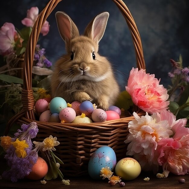 Free photo colorful happy bunny with many easter eggs on grass festive background for decorative