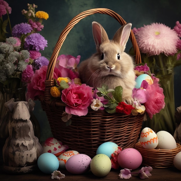 Free photo colorful happy bunny with many easter eggs on grass festive background for decorative