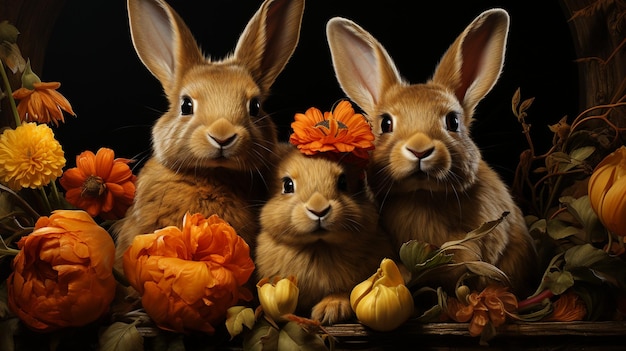 Бесплатная фотография красочного счастливого кролика с большим количеством пасхальных яиц на травяном праздничном фоне