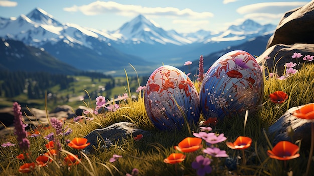 Foto foto gratuita colorato coniglietto felice con molte uova di pasqua su fondo festivo per l'erba