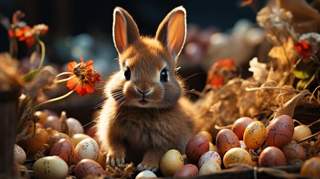 Бесплатная фотография красочного счастливого кролика с большим количеством пасхальных яиц на траве праздничный фон для