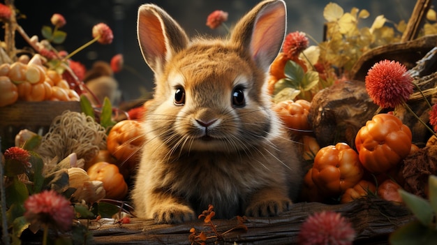 Бесплатная фотография красочного счастливого кролика с большим количеством пасхальных яиц на травяном праздничном фоне