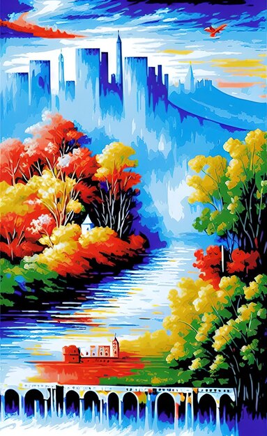 Free photo a colorful painting of a river with a forest in the background