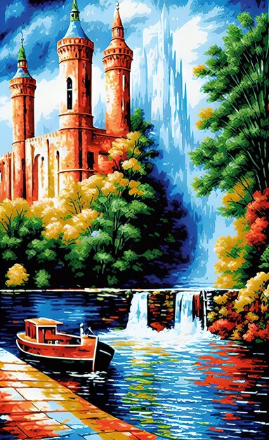 Free photo a colorful painting of a river with a forest in the background