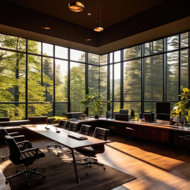 Free photo A conference room with a desk and a wall of windows that saysthe office