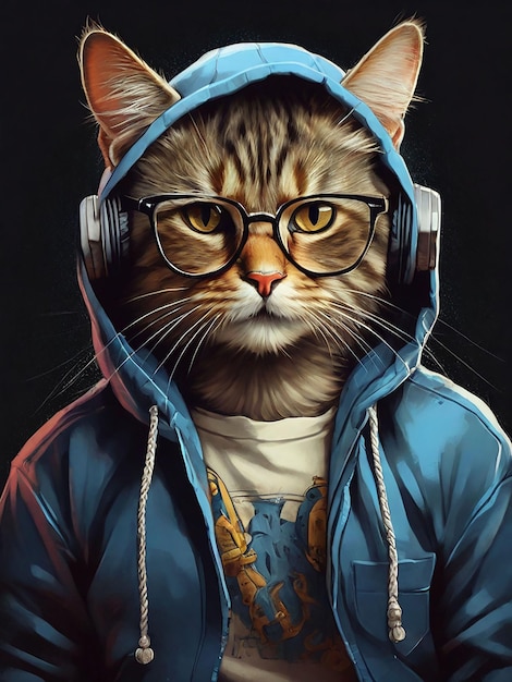 Foto foto gratuita di un gatto cool che indossa un cappuccio alla moda e occhiali eleganti disegno di maglietta