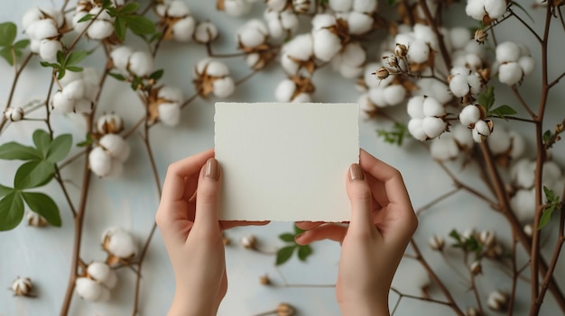 Free Photo Cotton branch with empty blank paper