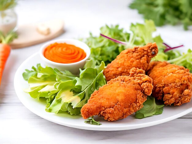 Free Photo Crispy Fried Chicken On A Plate With Salad And Carrot AI GENERATED