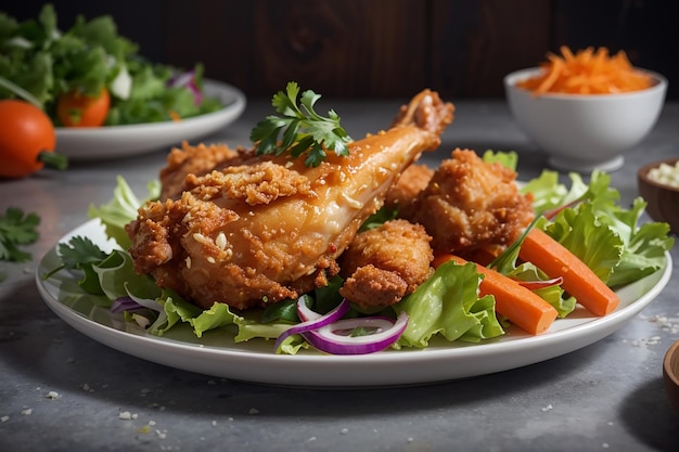 Free photo crispy fried chicken on a plate with salad and carrot