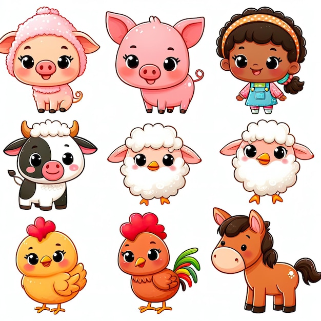 Free photo cute cartoon of happy farm animals cute pig sheep cow hen rooster horse illustration for