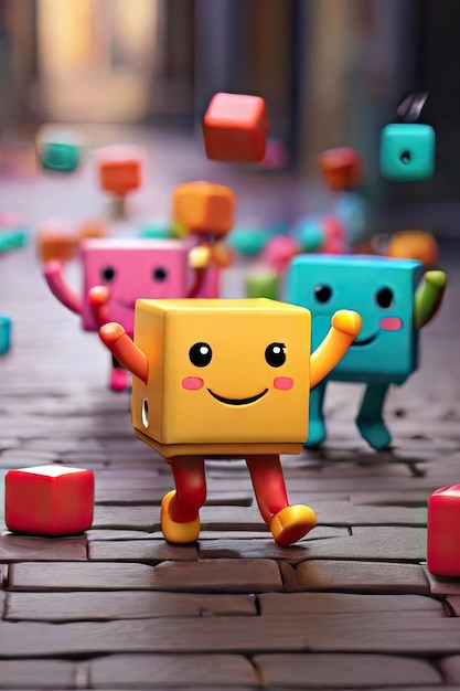 Free photo Cute colorful cubes bouncing on the ground Smiling while their arms and legs hang out