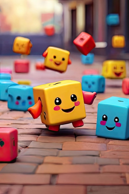 Free photo Cute colorful cubes bouncing on the ground Smiling while their arms and legs hang out an