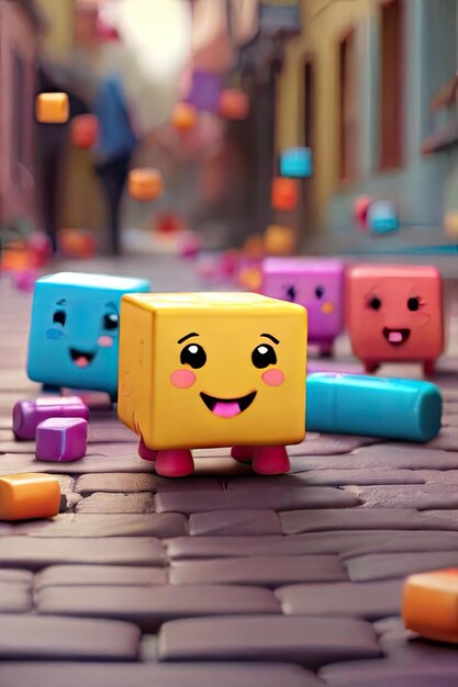 Free photo Cute colorful cubes bouncing on the ground Smiling while their arms and legs hang out an