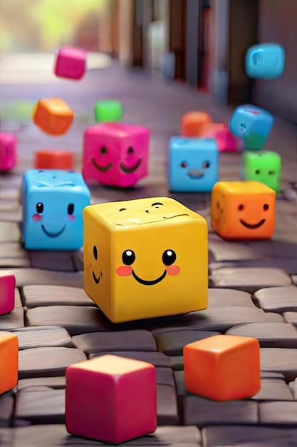 Free photo Cute colorful cubes bouncing on the ground Smiling while their arms and legs hang out an