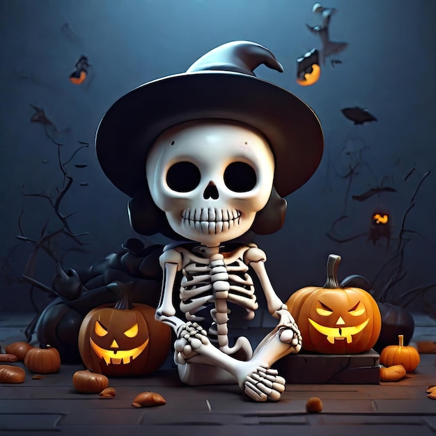 Free photo Cute skeleton 3D illustration Halloween ghost themed illustration