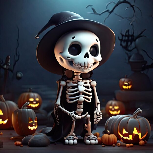 Free photo Cute skeleton 3D illustration Halloween ghost themed illustration