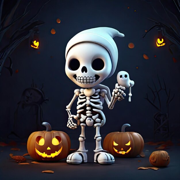 Free photo Cute skeleton 3D illustration Halloween ghost themed illustration