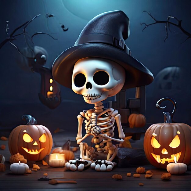 Free photo Cute skeleton 3D illustration Halloween ghost themed illustration