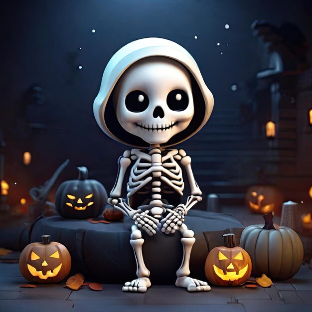 Free photo Cute skeleton 3D illustration Halloween ghost themed illustration