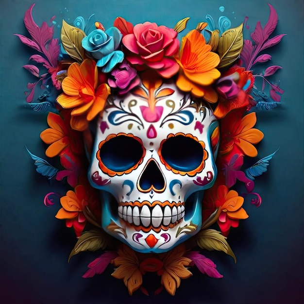 Free photo Day of the Dead celebration colorful skulls and flowers