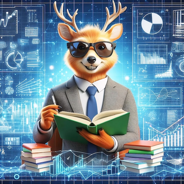 free photo deer smile with sunglasses reading book and solving math data analytics in concept