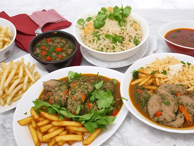 Free photo dinner set with dolma soups salads and chicken with rice and french fries