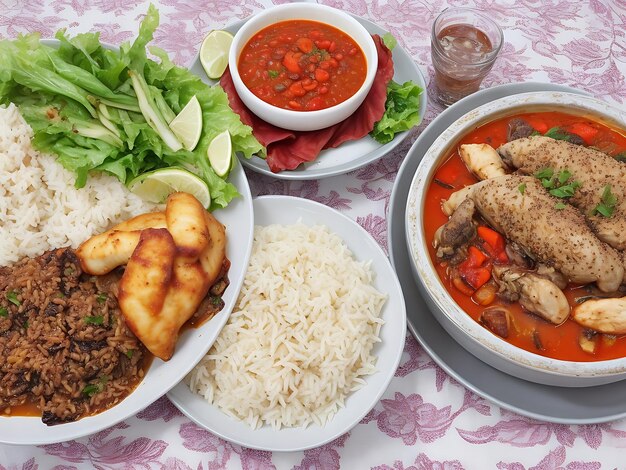 Free photo dinner set with dolma soups salads and chicken with rice and french fries