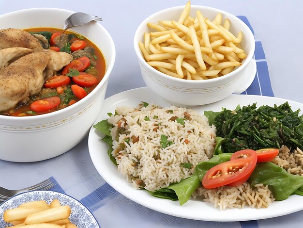 Free photo dinner set with dolma soups salads and chicken with rice and french fries